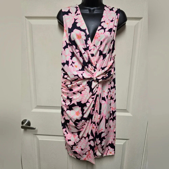 Julie by Julie Brown Blue & Pink Floral Sleeveless Twist Front Dress NWT Sz XL - Picture 1 of 14